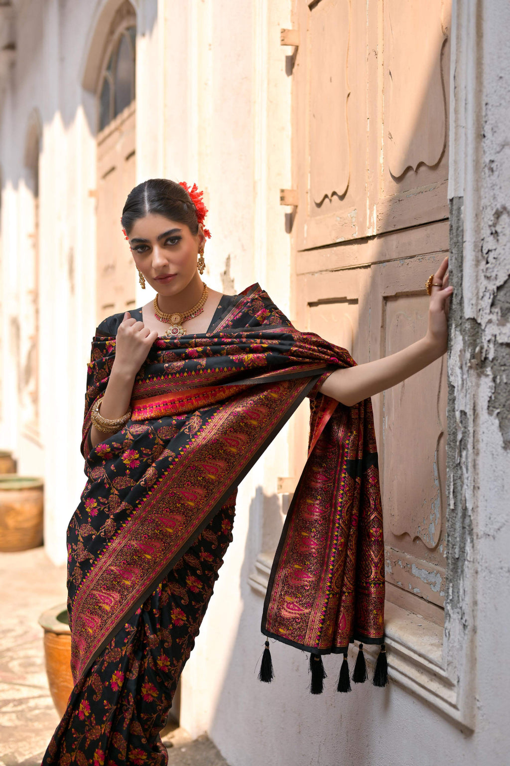 Jyoti Fashion Women's Black Soft Pashmina Silk Meena Zari Woven Saree with Blouse | Grocsy