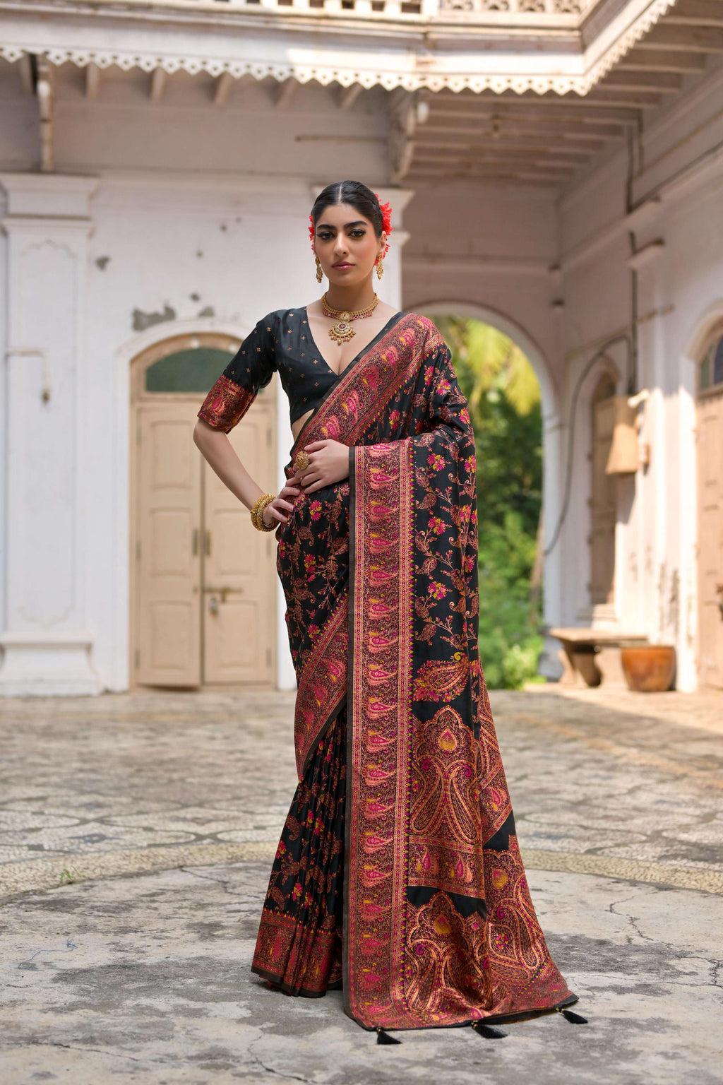 Jyoti Fashion Women's Black Soft Pashmina Silk Meena Zari Woven Saree with Blouse | Grocsy