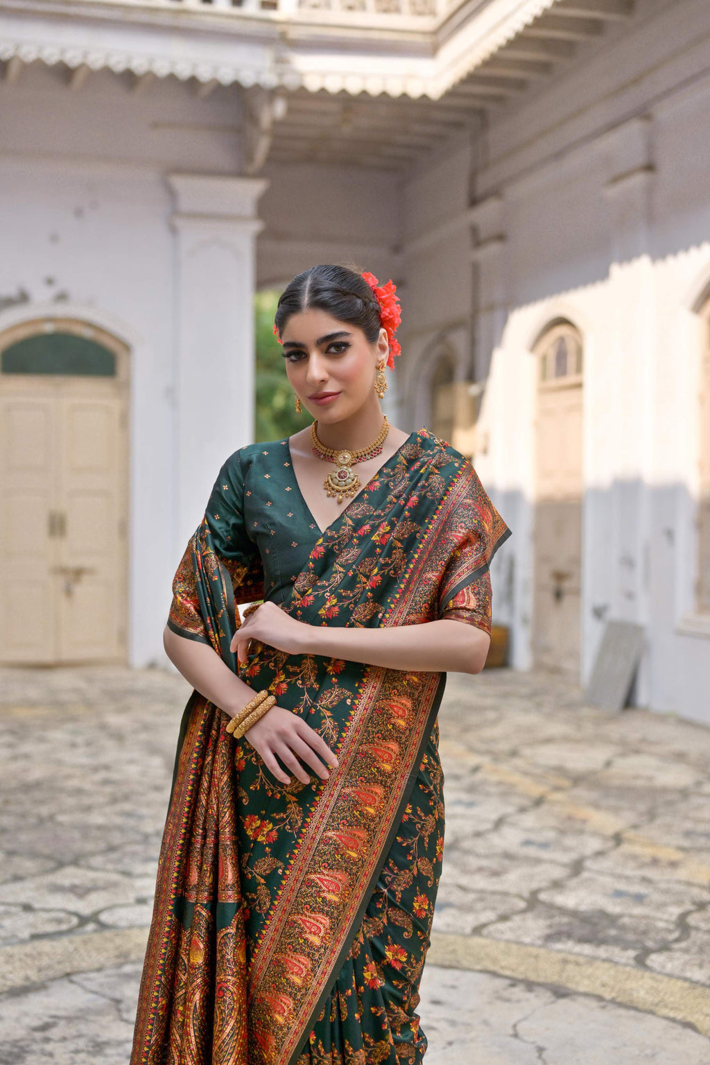 Jyoti Fashion Women's Bottle Green Soft Pashmina Silk Meena Zari Woven Saree with Blouse | Grocsy