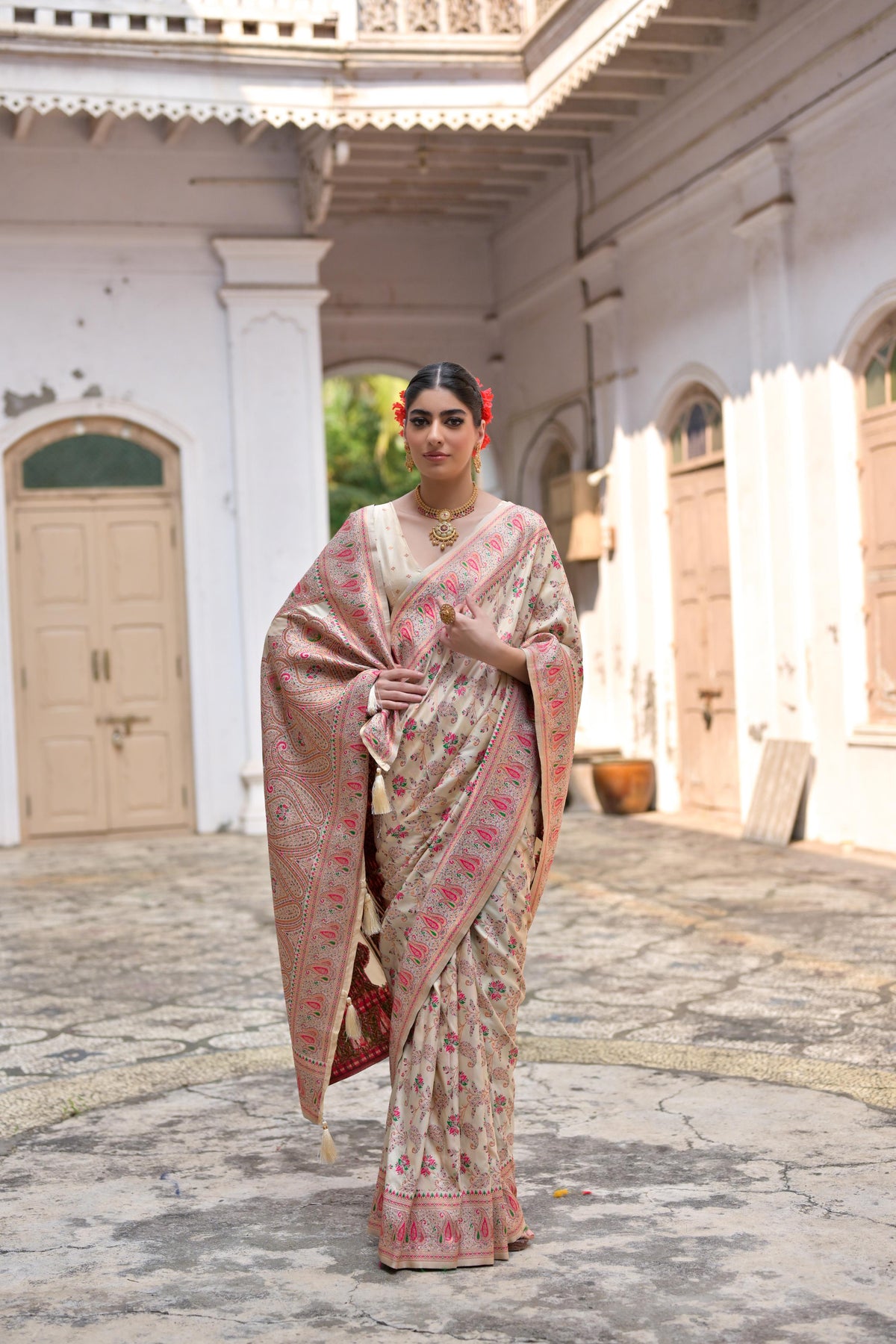 Jyoti Fashion Women's Cream Soft Pashmina Silk Meena Zari Woven Saree with Blouse | Grocsy