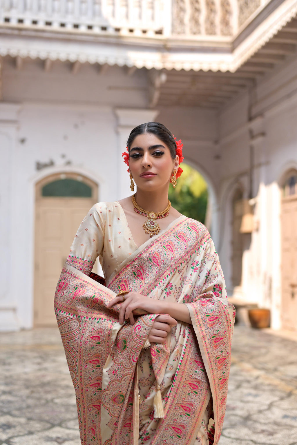 Jyoti Fashion Women's Cream Soft Pashmina Silk Meena Zari Woven Saree with Blouse | Grocsy