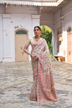 Jyoti Fashion Women's Cream Soft Pashmina Silk Meena Zari Woven Saree with Blouse | Grocsy