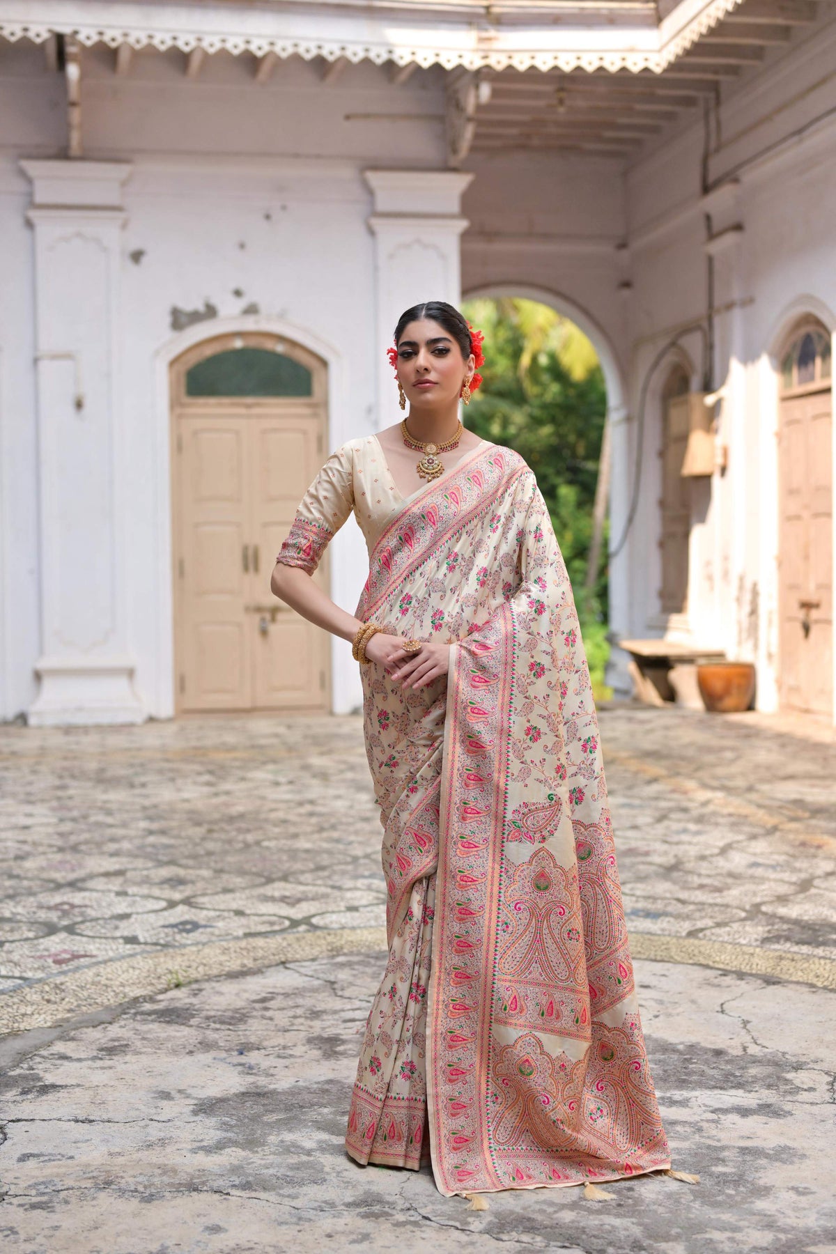 Jyoti Fashion Women's Cream Soft Pashmina Silk Meena Zari Woven Saree with Blouse | Grocsy