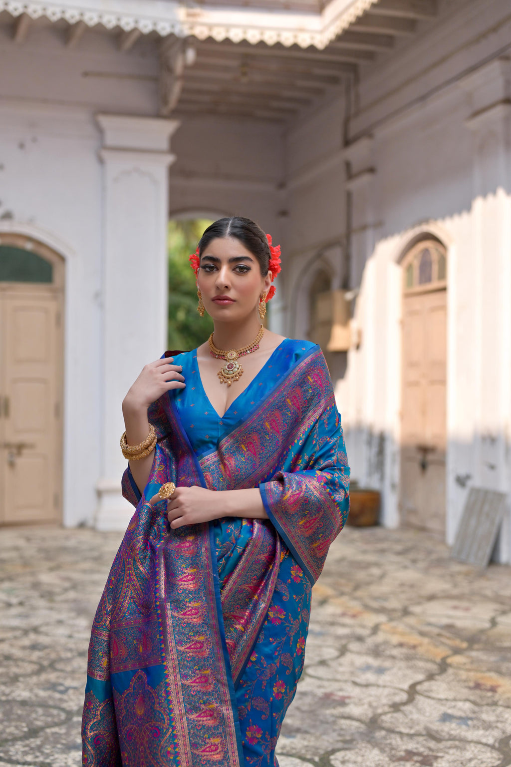 Jyoti Fashion Women's Firozi Soft Pashmina Silk Meena Zari Woven Saree with Blouse | Grocsy