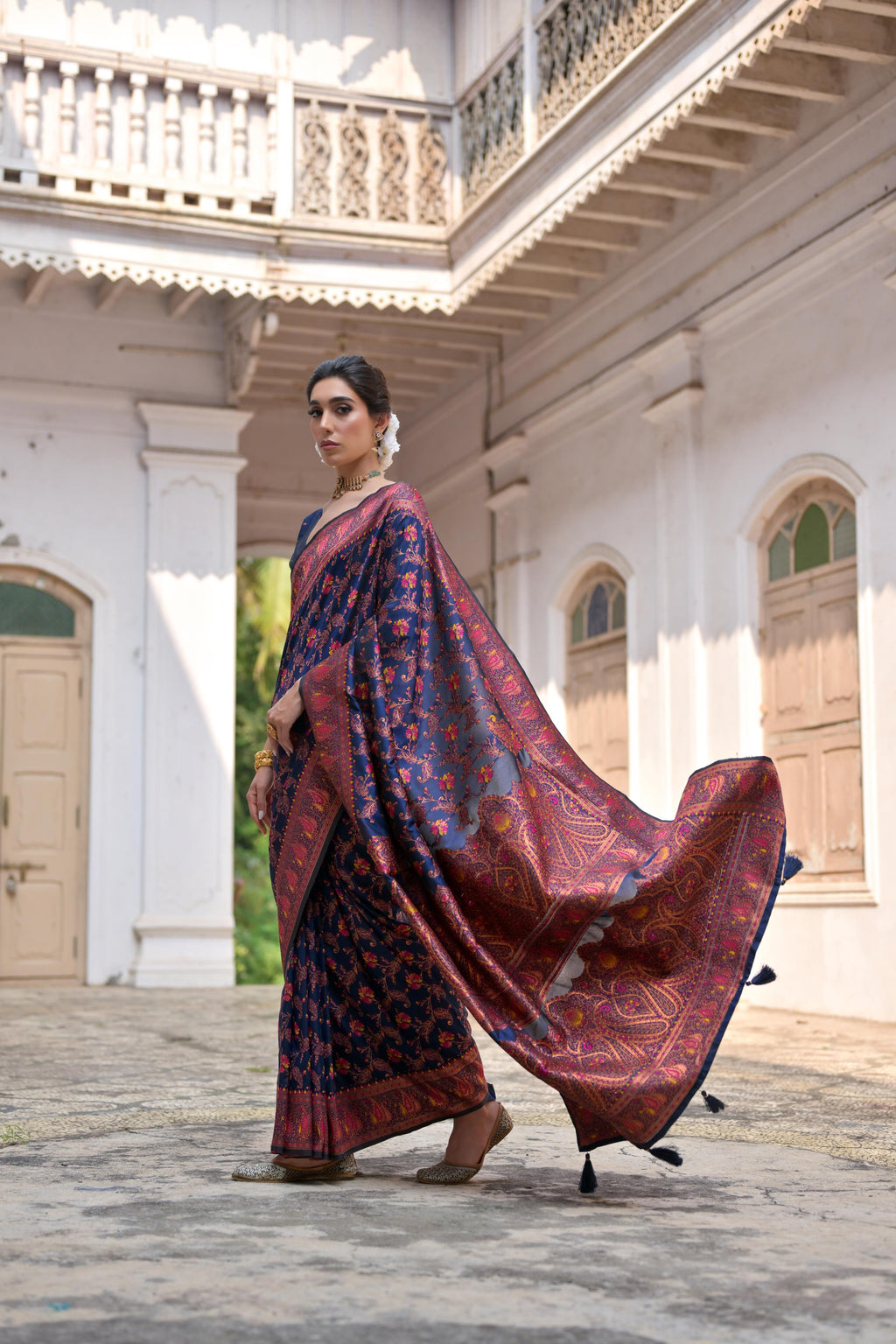 Jyoti Fashion Women's Navy Blue Soft Pashmina Silk Meena Zari Woven Saree with Blouse | Grocsy