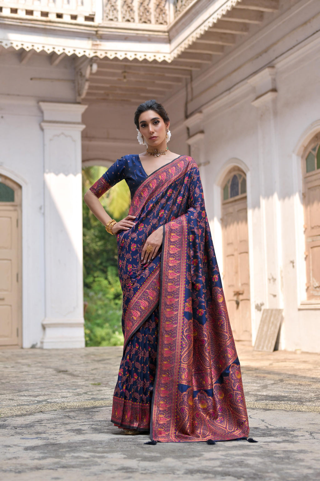 Jyoti Fashion Women's Navy Blue Soft Pashmina Silk Meena Zari Woven Saree with Blouse | Grocsy