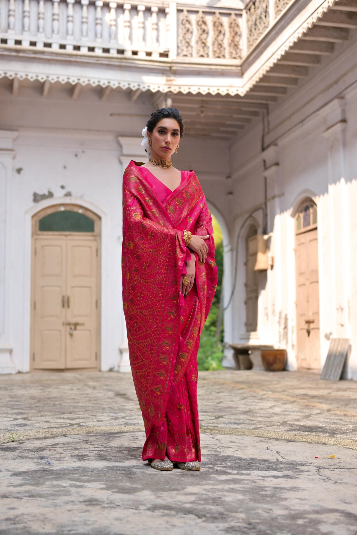 Jyoti Fashion Women's Pink Soft Pashmina Silk Meena Zari Woven Saree with Blouse | Grocsy