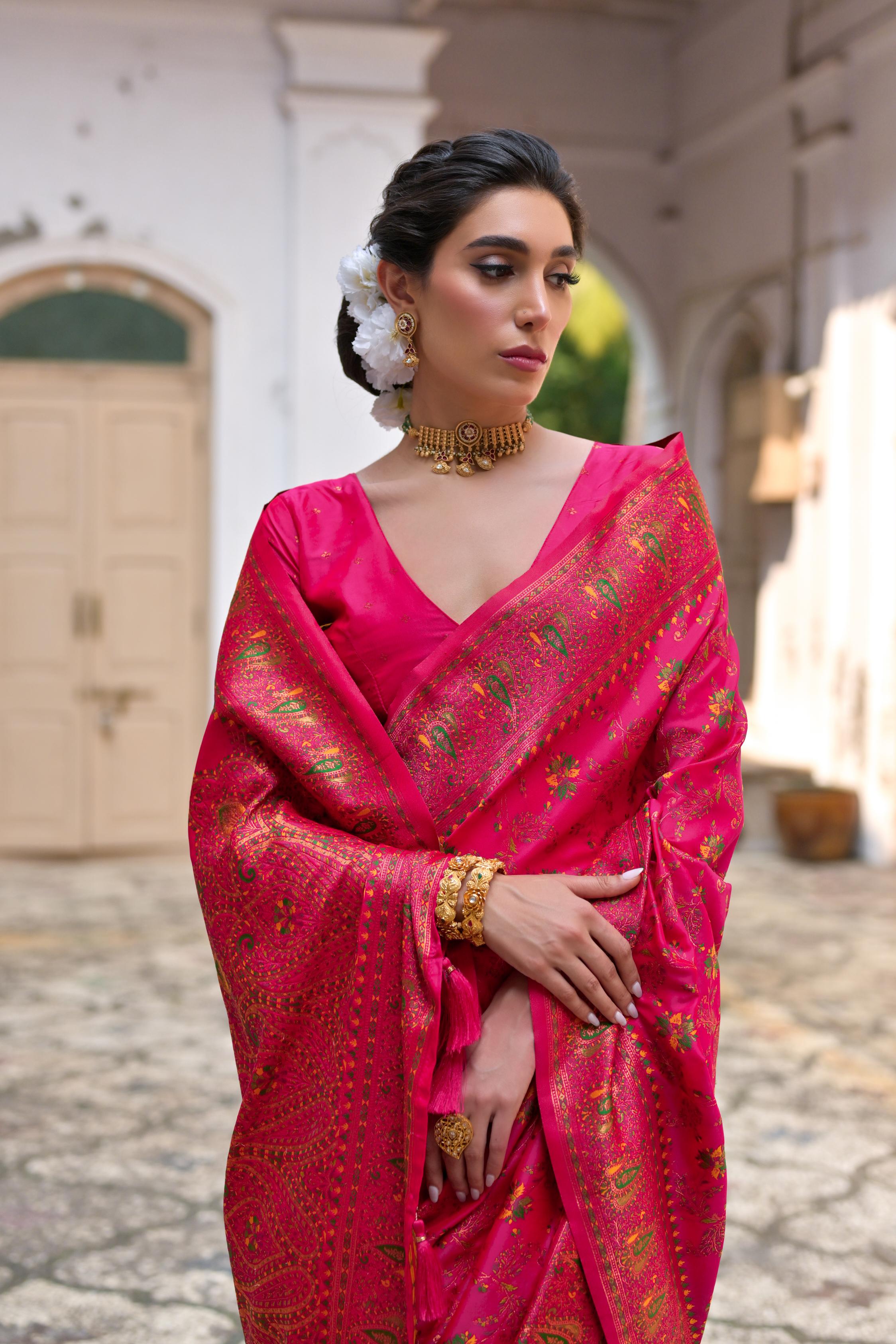 Jyoti Fashion Women's Pink Soft Pashmina Silk Meena Zari Woven Saree with Blouse | Grocsy