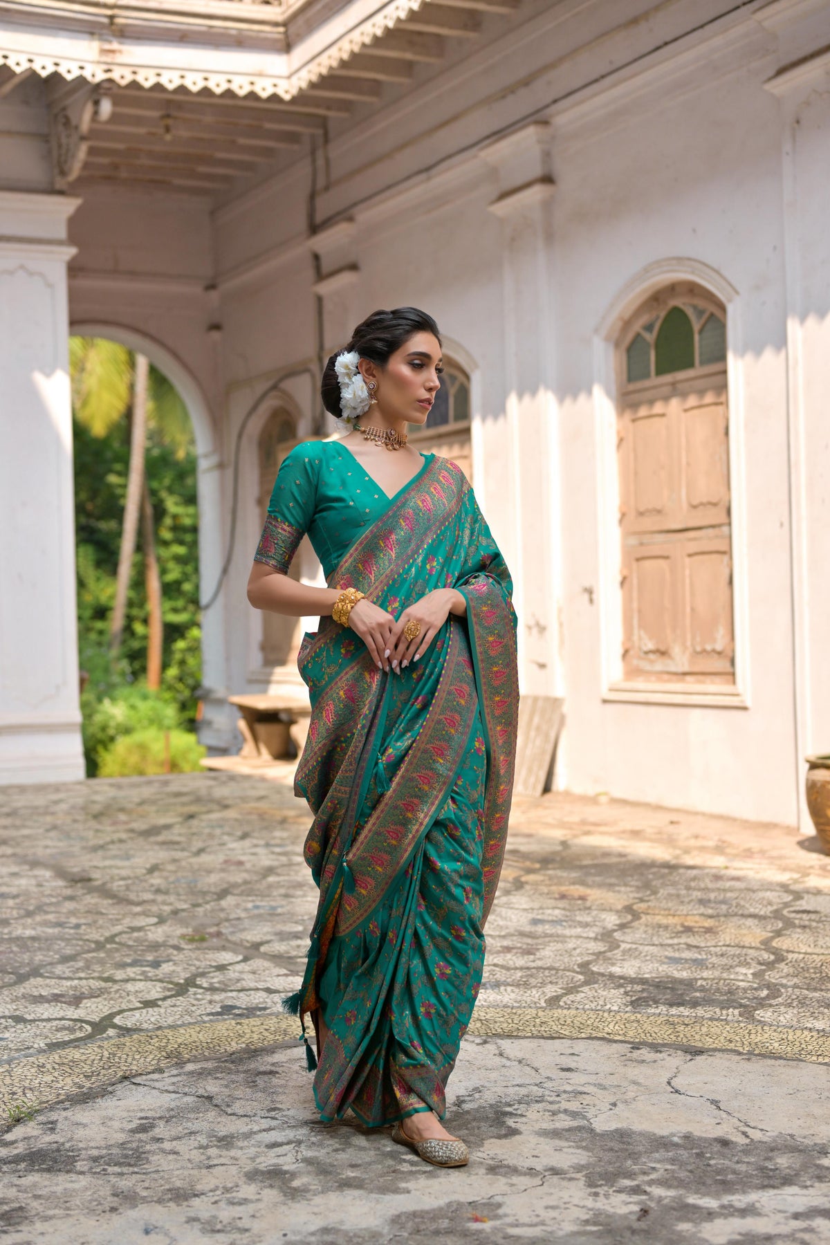 Jyoti Fashion Women's Rama Soft Pashmina Silk Meena Zari Woven Saree with Blouse | Grocsy