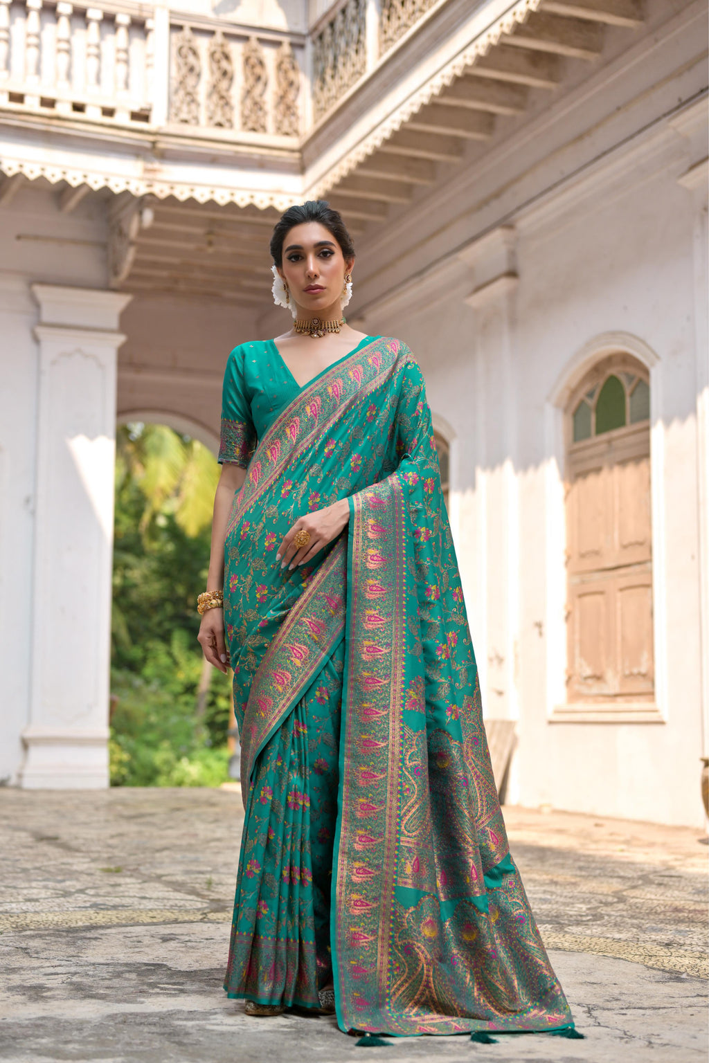 Jyoti Fashion Women's Rama Soft Pashmina Silk Meena Zari Woven Saree with Blouse | Grocsy