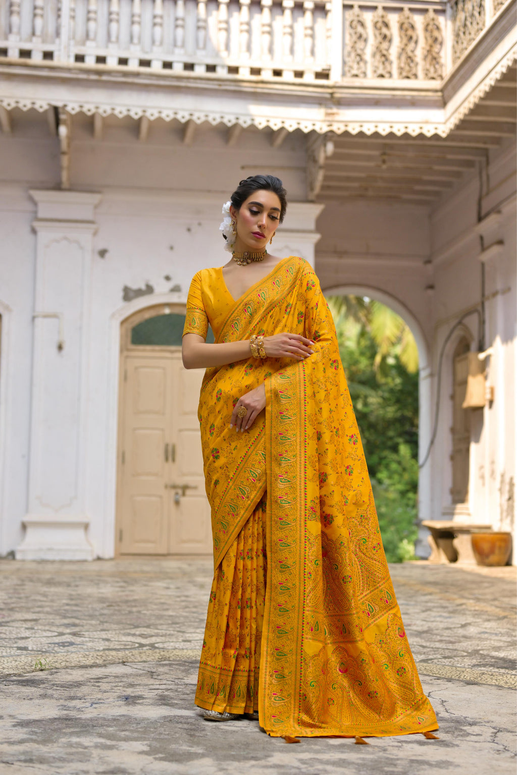 Jyoti Fashion Women's Yellow Soft Pashmina Silk Meena Zari Woven Saree with Blouse | Grocsy