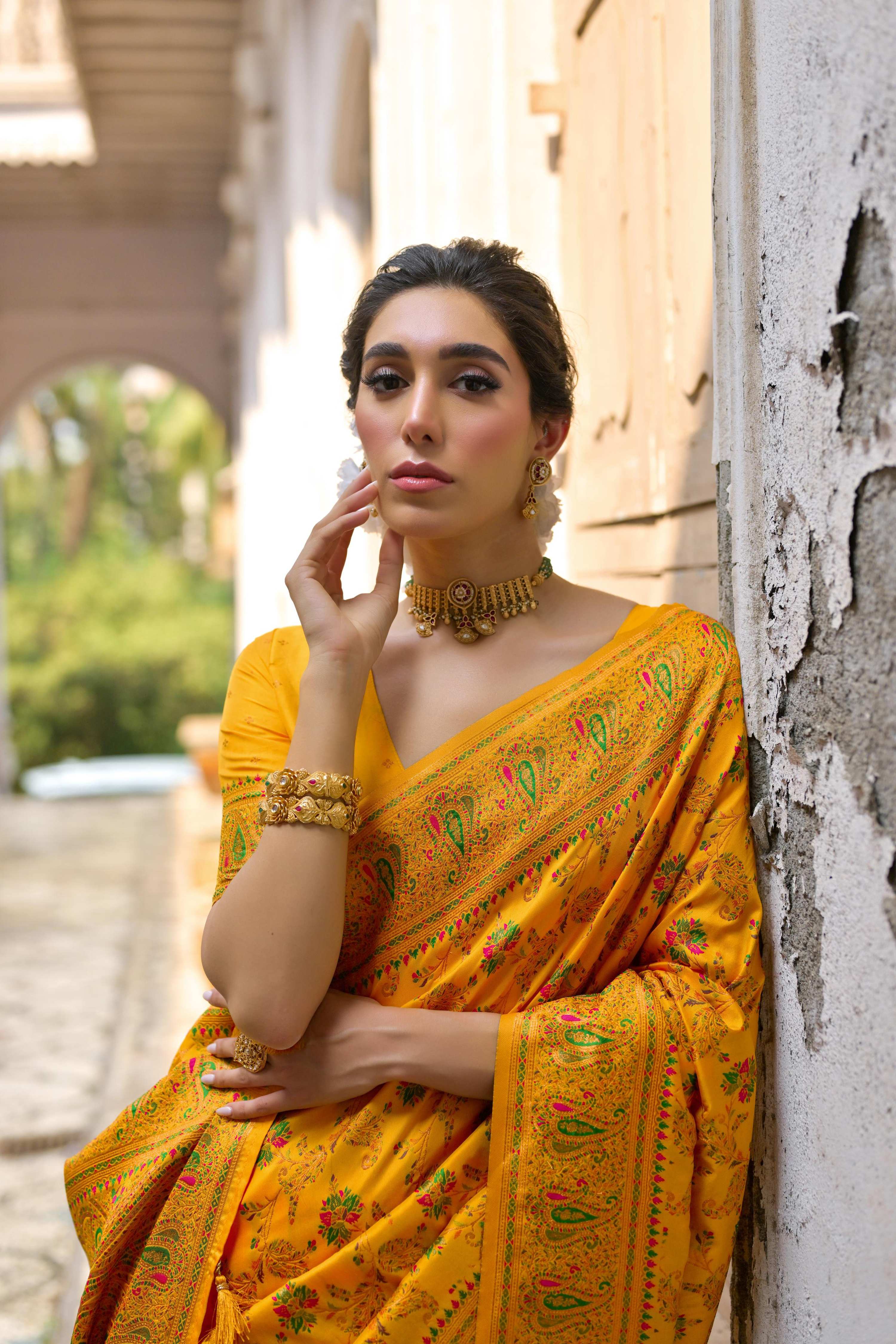 Jyoti Fashion Women's Yellow Soft Pashmina Silk Meena Zari Woven Saree with Blouse | Grocsy
