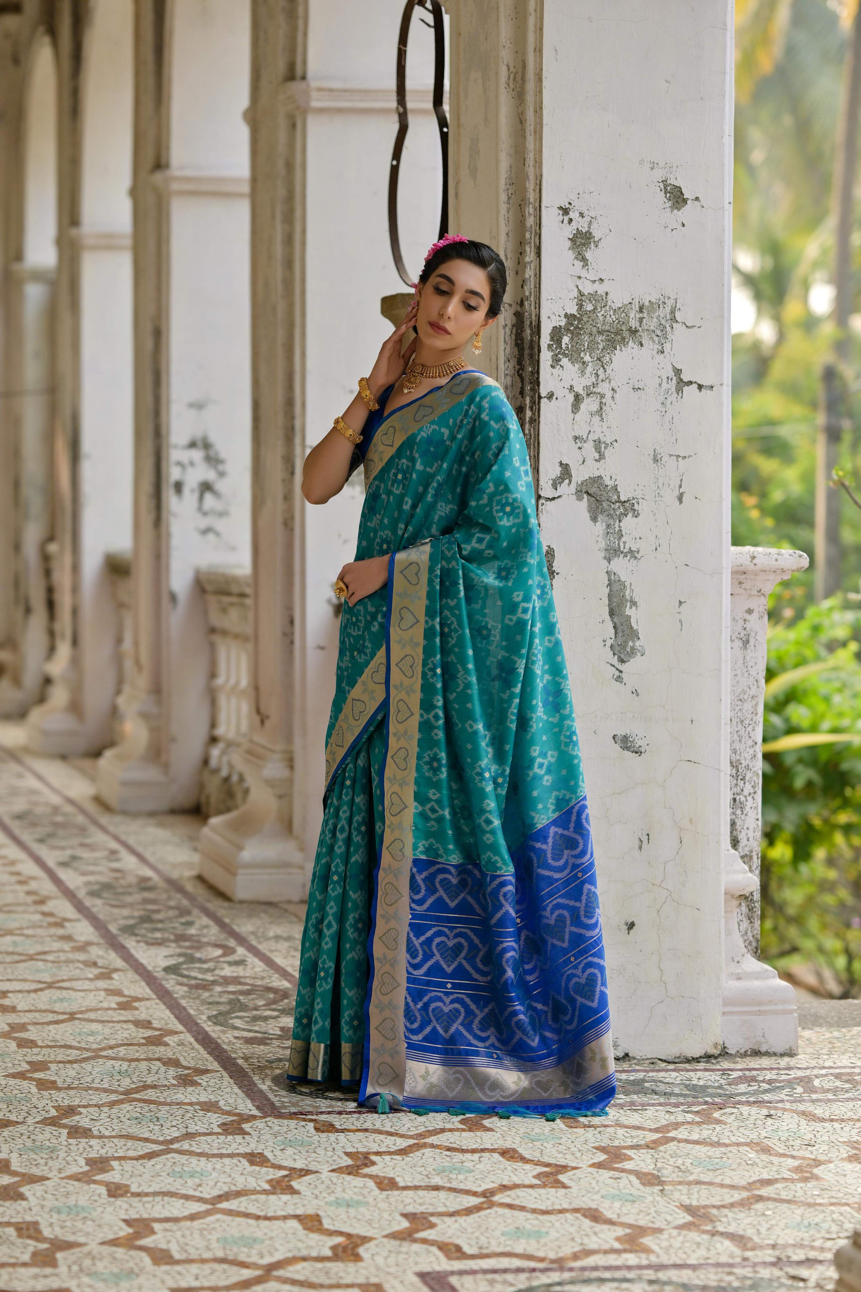 Jyoti Fashion Women's Firozi Soft Raw Silk Zari Woven Saree with Blouse | Grocsy