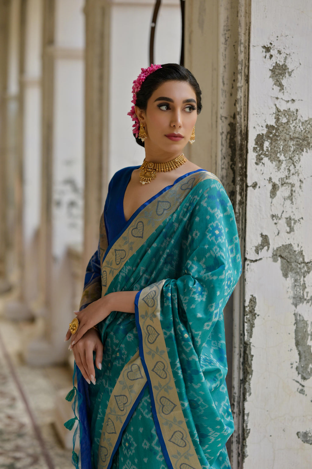 Jyoti Fashion Women's Firozi Soft Raw Silk Zari Woven Saree with Blouse | Grocsy
