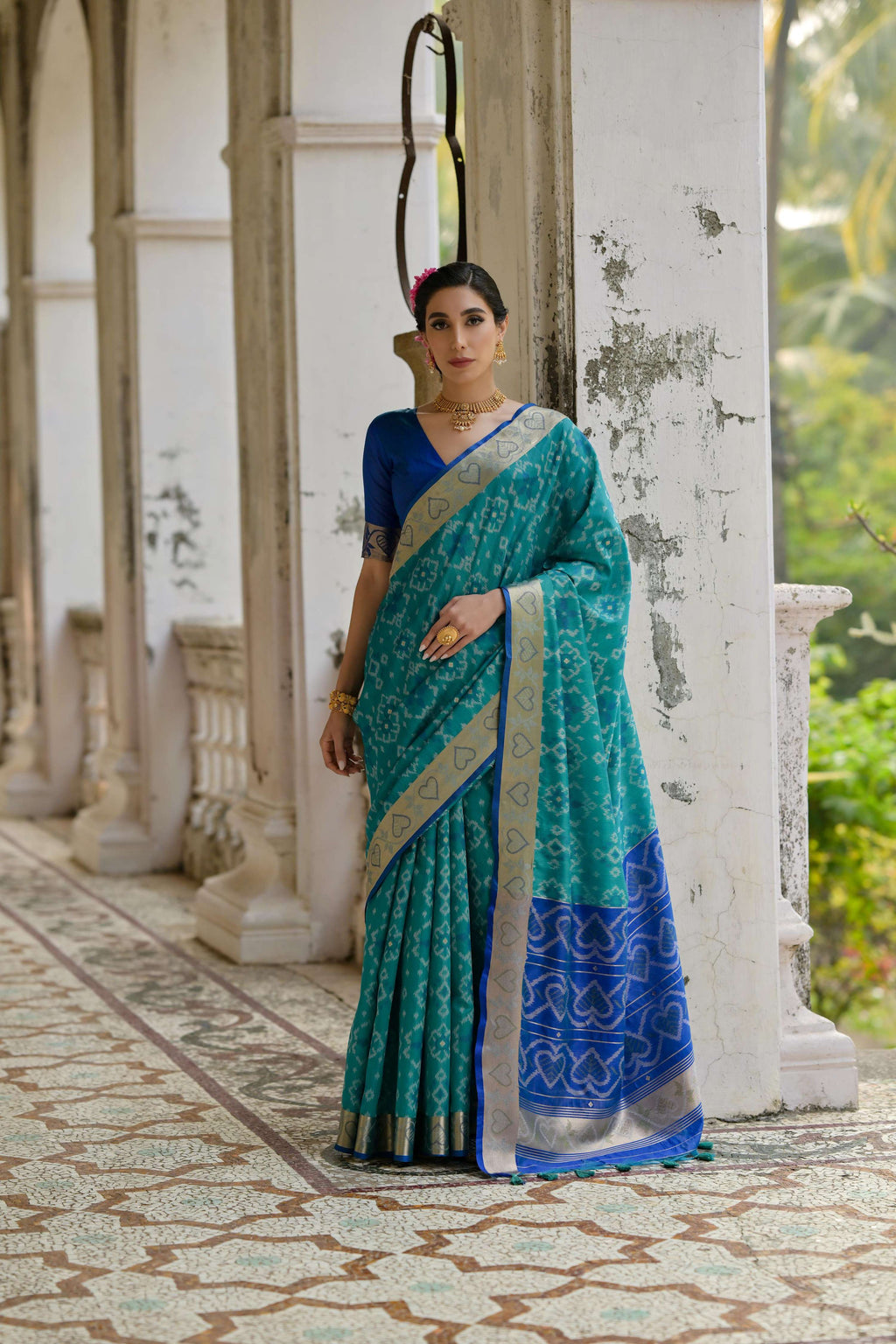 Jyoti Fashion Women's Firozi Soft Raw Silk Zari Woven Saree with Blouse | Grocsy