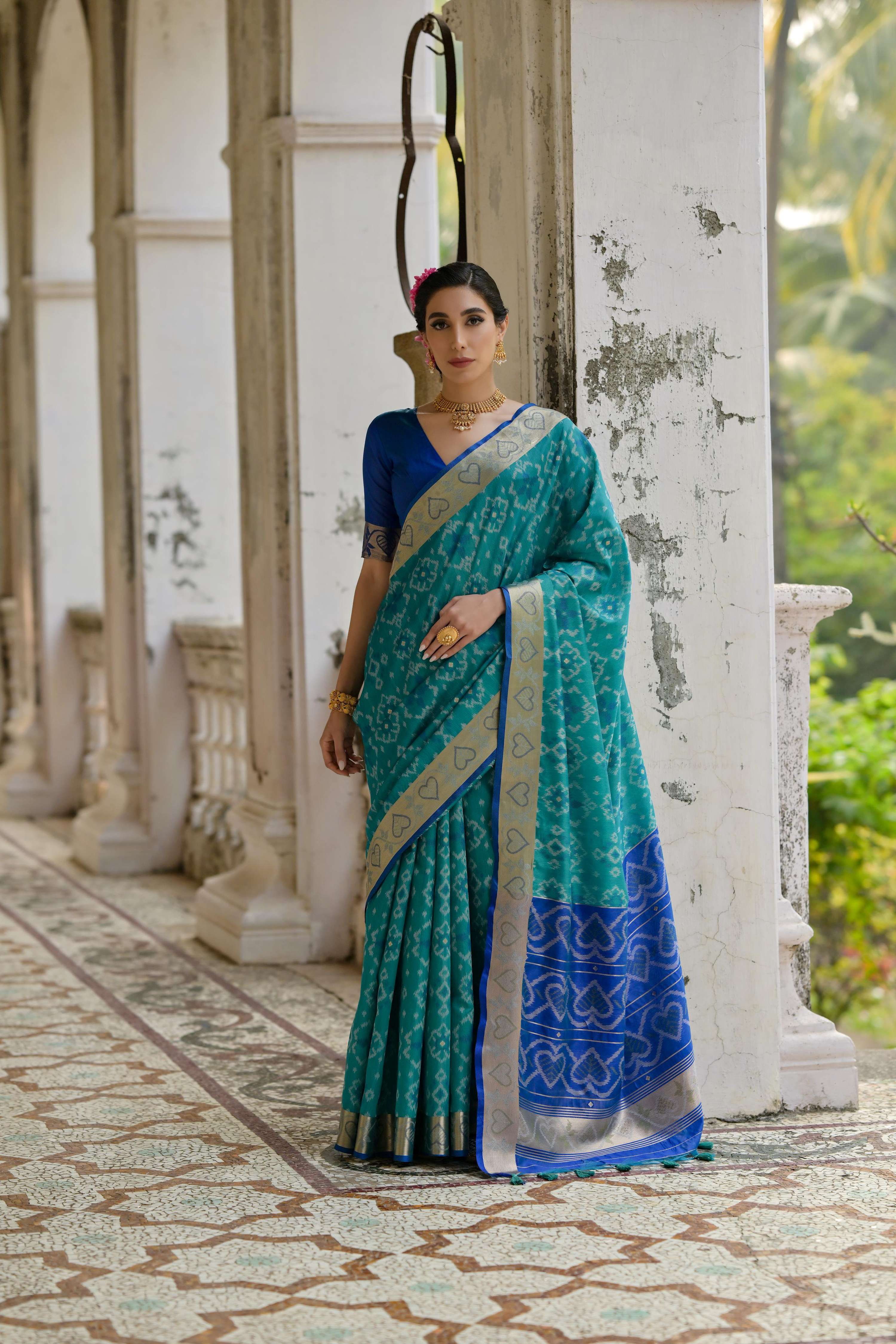 Jyoti Fashion Women's Firozi Soft Raw Silk Zari Woven Saree with Blouse | Grocsy