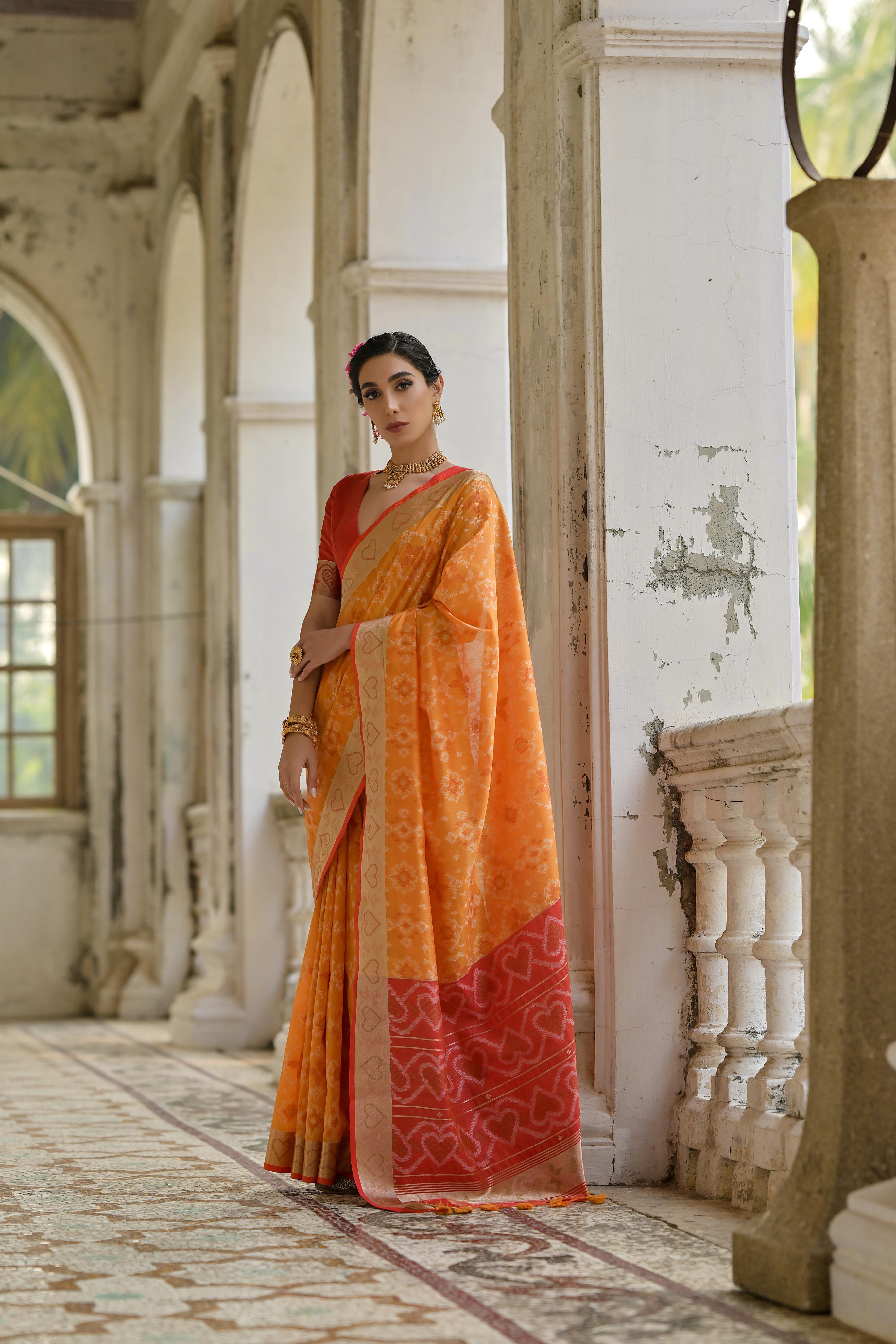 Jyoti Fashion Women's Orange Soft Raw Silk Zari Woven Saree with Blouse | Grocsy