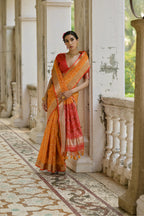 Jyoti Fashion Women's Orange Soft Raw Silk Zari Woven Saree with Blouse | Grocsy