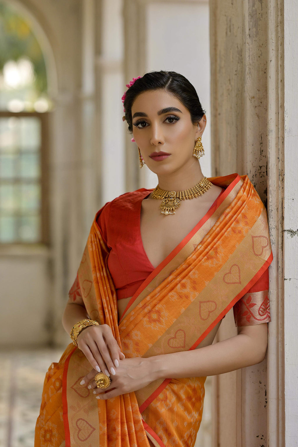 Jyoti Fashion Women's Orange Soft Raw Silk Zari Woven Saree with Blouse | Grocsy