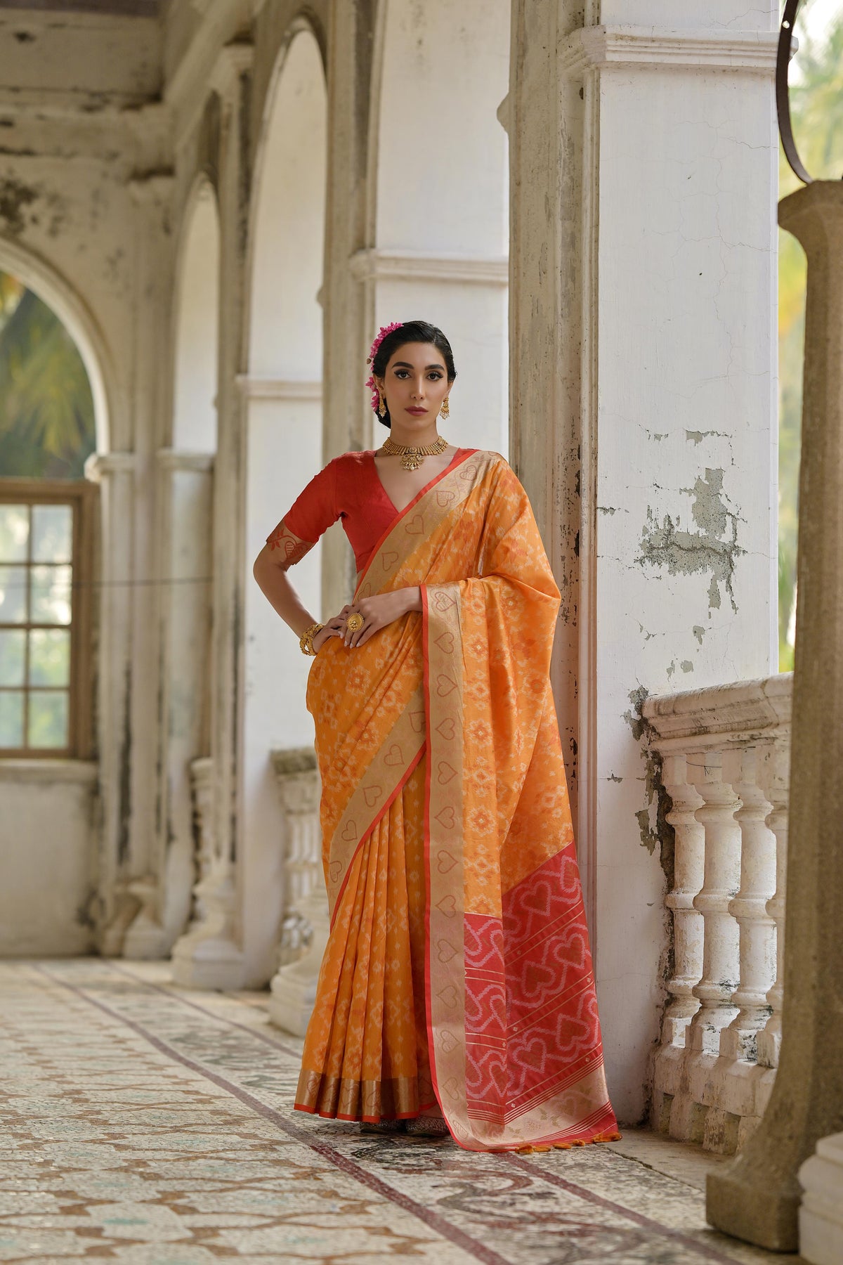 Jyoti Fashion Women's Orange Soft Raw Silk Zari Woven Saree with Blouse | Grocsy