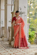 Jyoti Fashion Women's Coral Soft Raw Silk Zari Woven Saree with Blouse | Grocsy