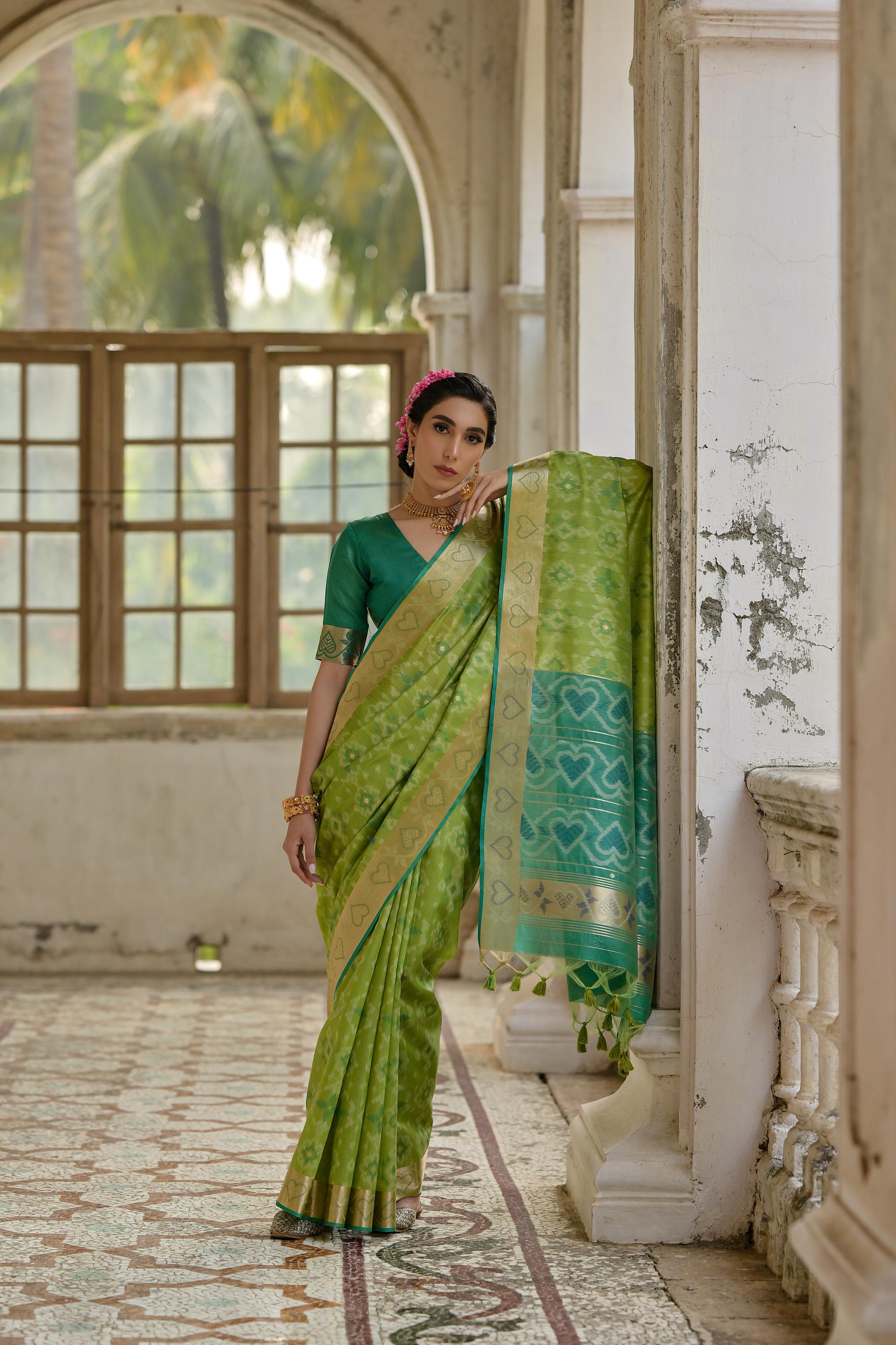 Jyoti Fashion Women's Green Soft Raw Silk Zari Woven Saree with Blouse | Grocsy