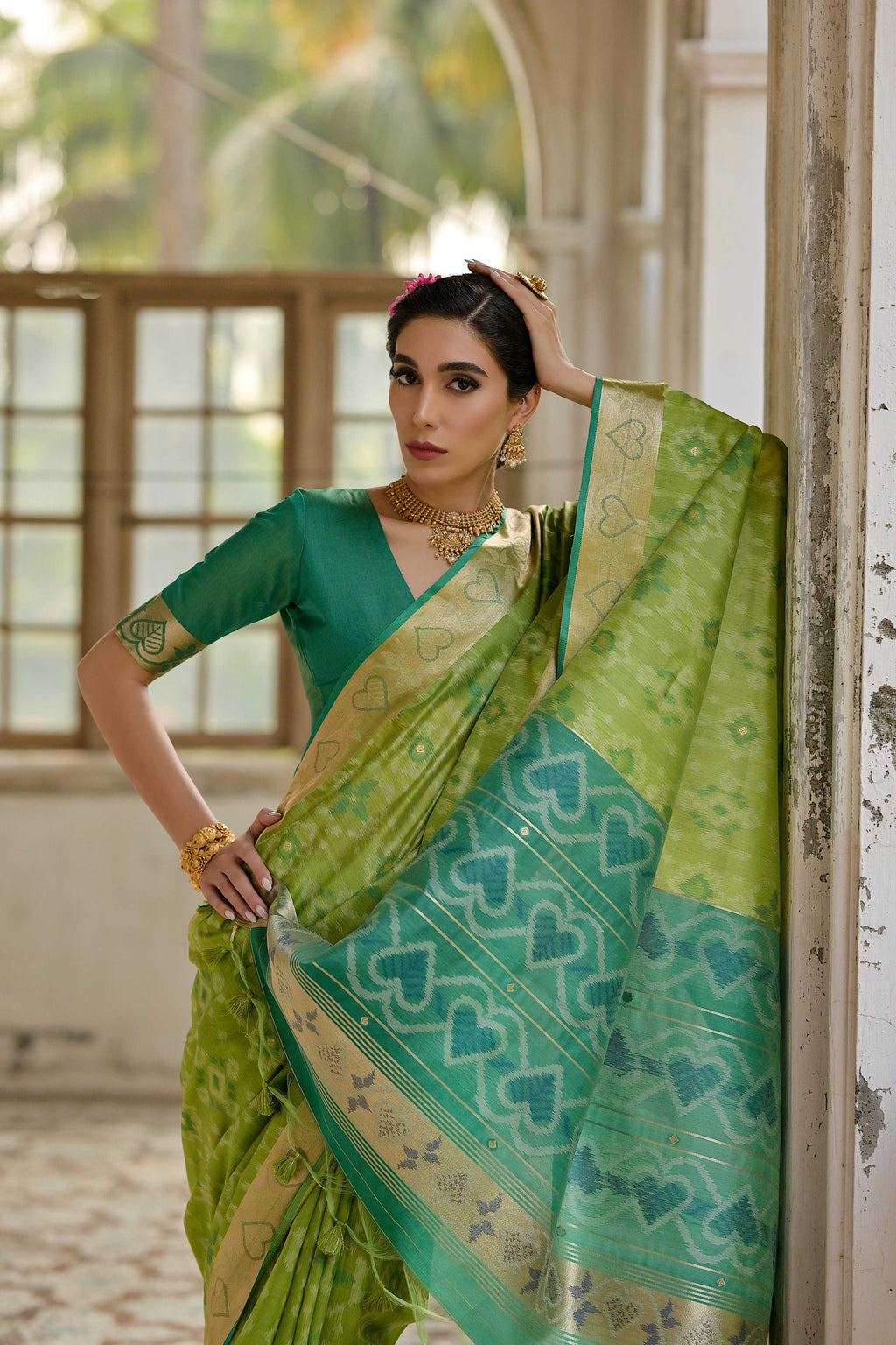 Jyoti Fashion Women's Green Soft Raw Silk Zari Woven Saree with Blouse | Grocsy
