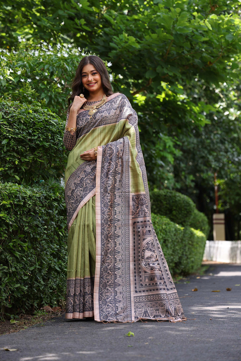 Jyoti Fashion Women's Green Soft Tussar Silk Madhubani Printed Saree with Blouse | Grocsy