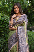 Jyoti Fashion Women's Green Soft Tussar Silk Madhubani Printed Saree with Blouse | Grocsy
