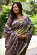 Jyoti Fashion Women's Green Soft Tussar Silk Madhubani Printed Saree with Blouse | Grocsy