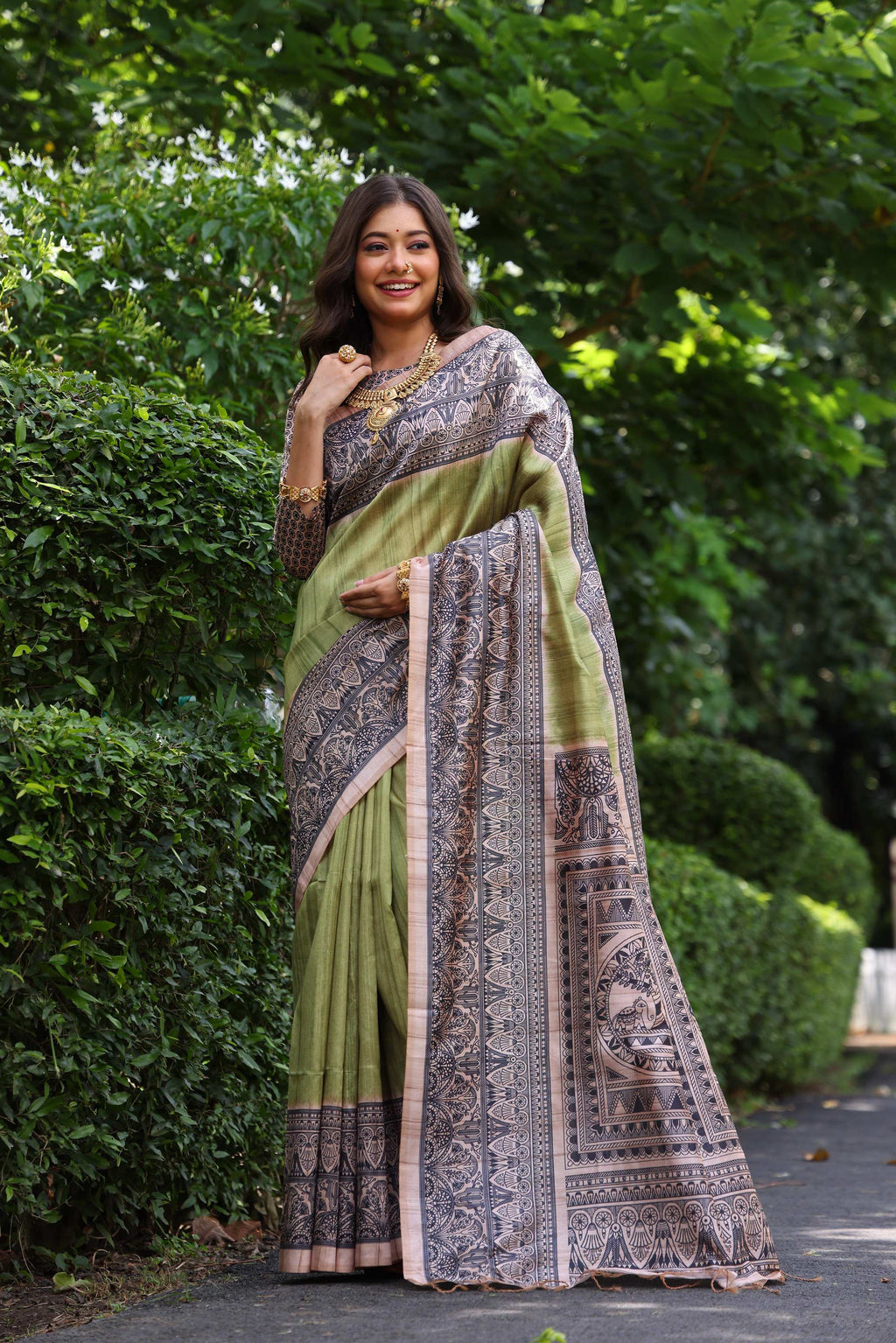 Jyoti Fashion Women's Green Soft Tussar Silk Madhubani Printed Saree with Blouse | Grocsy