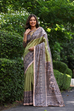 Jyoti Fashion Women's Green Soft Tussar Silk Madhubani Printed Saree with Blouse | Grocsy