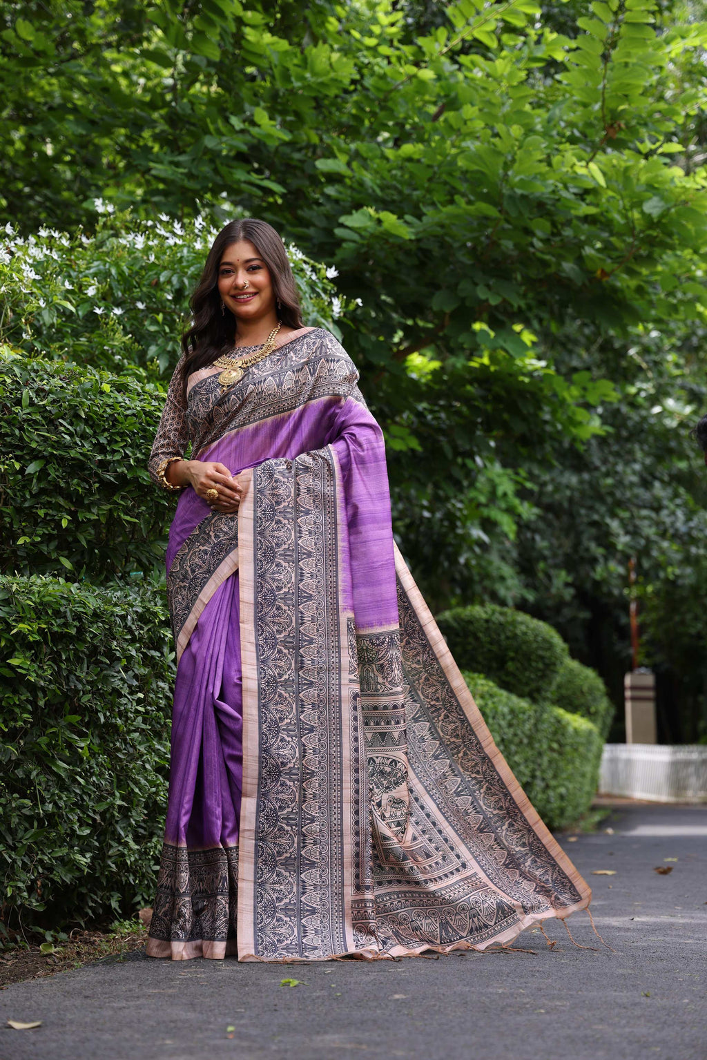 Jyoti Fashion Women's Purple Soft Tussar Silk Madhubani Printed Saree with Blouse | Grocsy