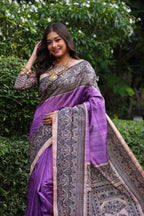 Jyoti Fashion Women's Purple Soft Tussar Silk Madhubani Printed Saree with Blouse | Grocsy