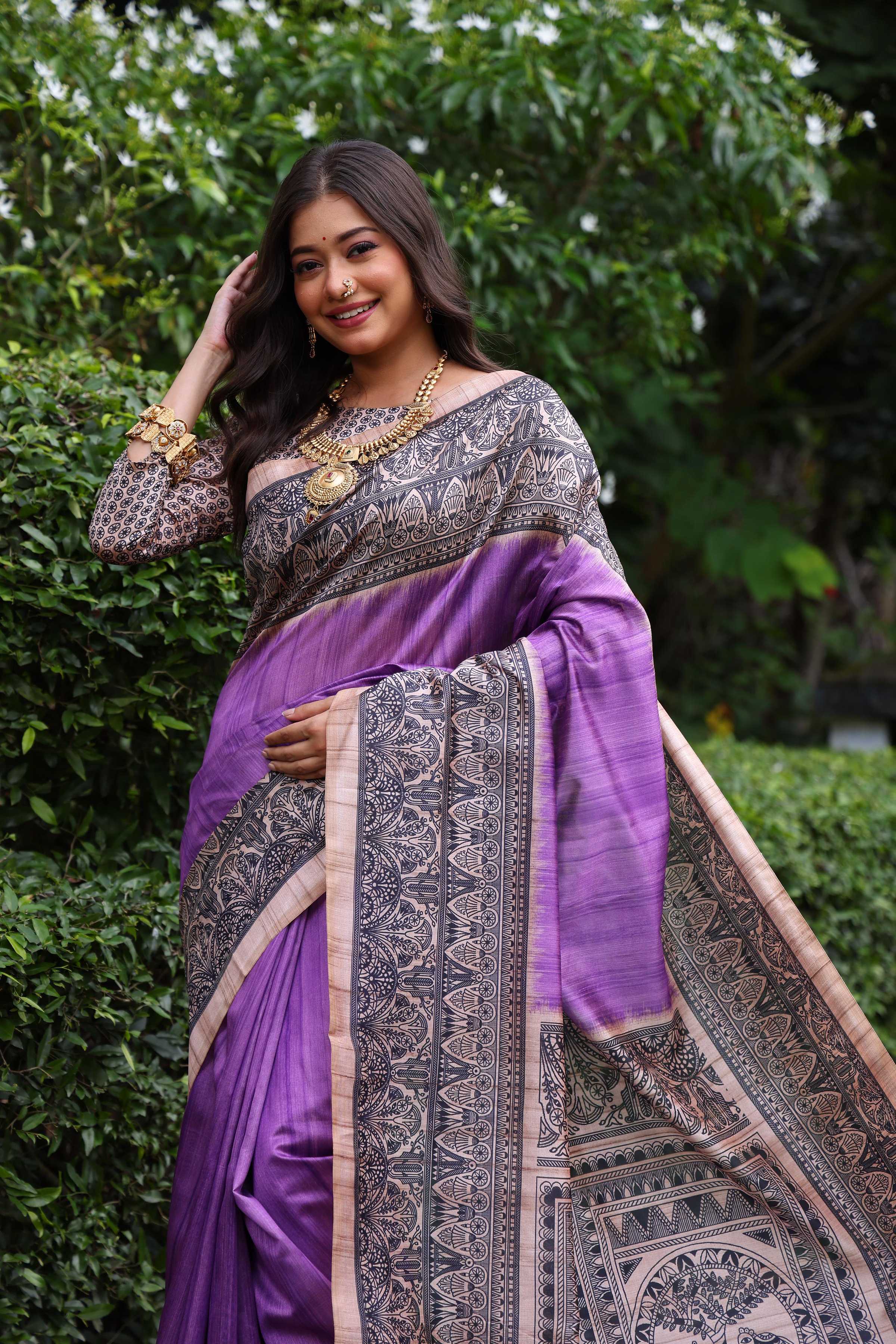 Jyoti Fashion Women's Purple Soft Tussar Silk Madhubani Printed Saree with Blouse | Grocsy