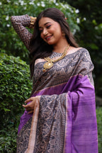 Jyoti Fashion Women's Purple Soft Tussar Silk Madhubani Printed Saree with Blouse | Grocsy