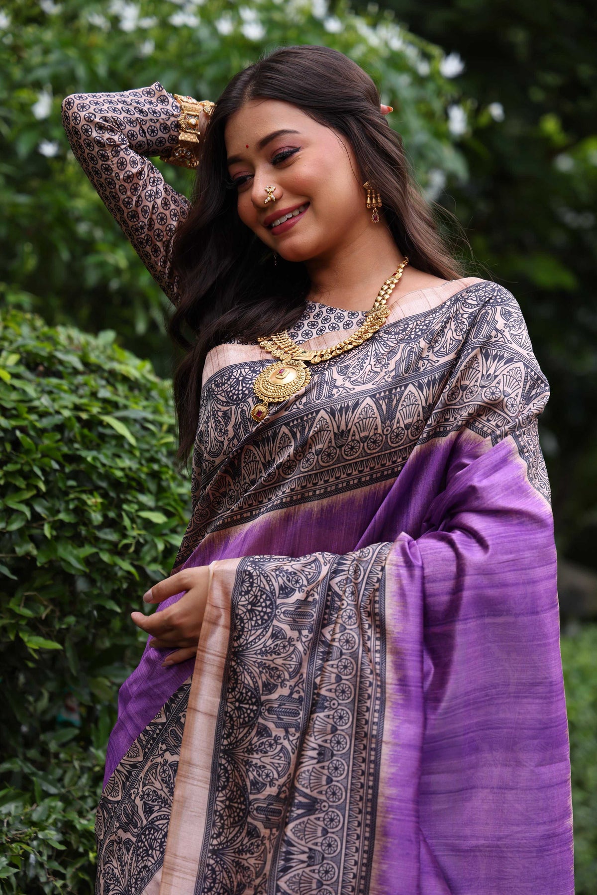 Jyoti Fashion Women's Purple Soft Tussar Silk Madhubani Printed Saree with Blouse | Grocsy