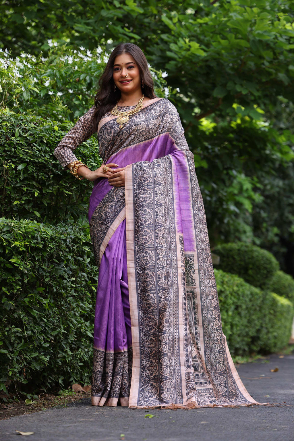 Jyoti Fashion Women's Purple Soft Tussar Silk Madhubani Printed Saree with Blouse | Grocsy