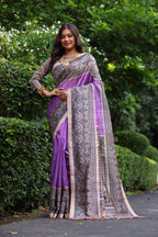 Jyoti Fashion Women's Purple Soft Tussar Silk Madhubani Printed Saree with Blouse | Grocsy