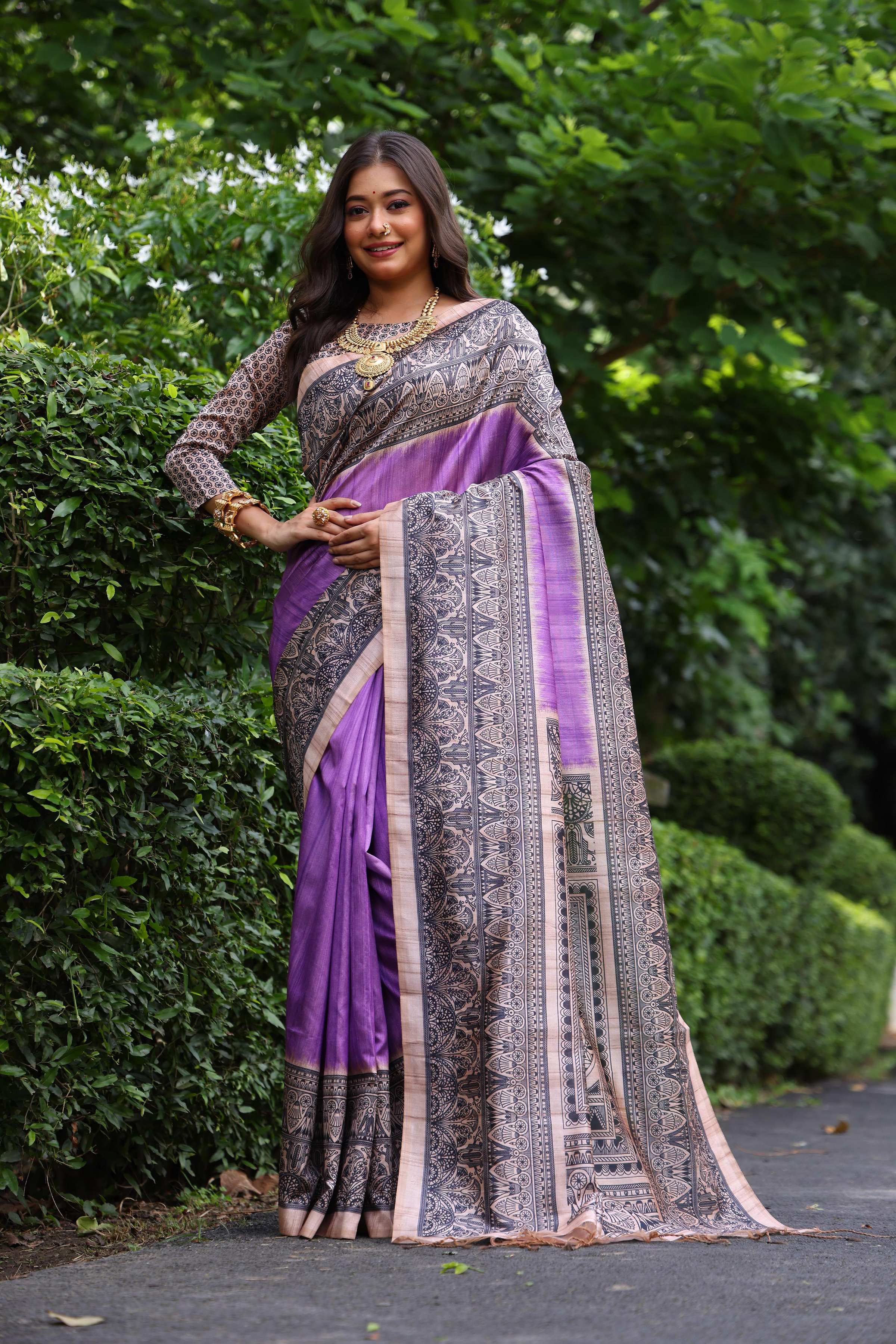 Jyoti Fashion Women's Purple Soft Tussar Silk Madhubani Printed Saree with Blouse | Grocsy