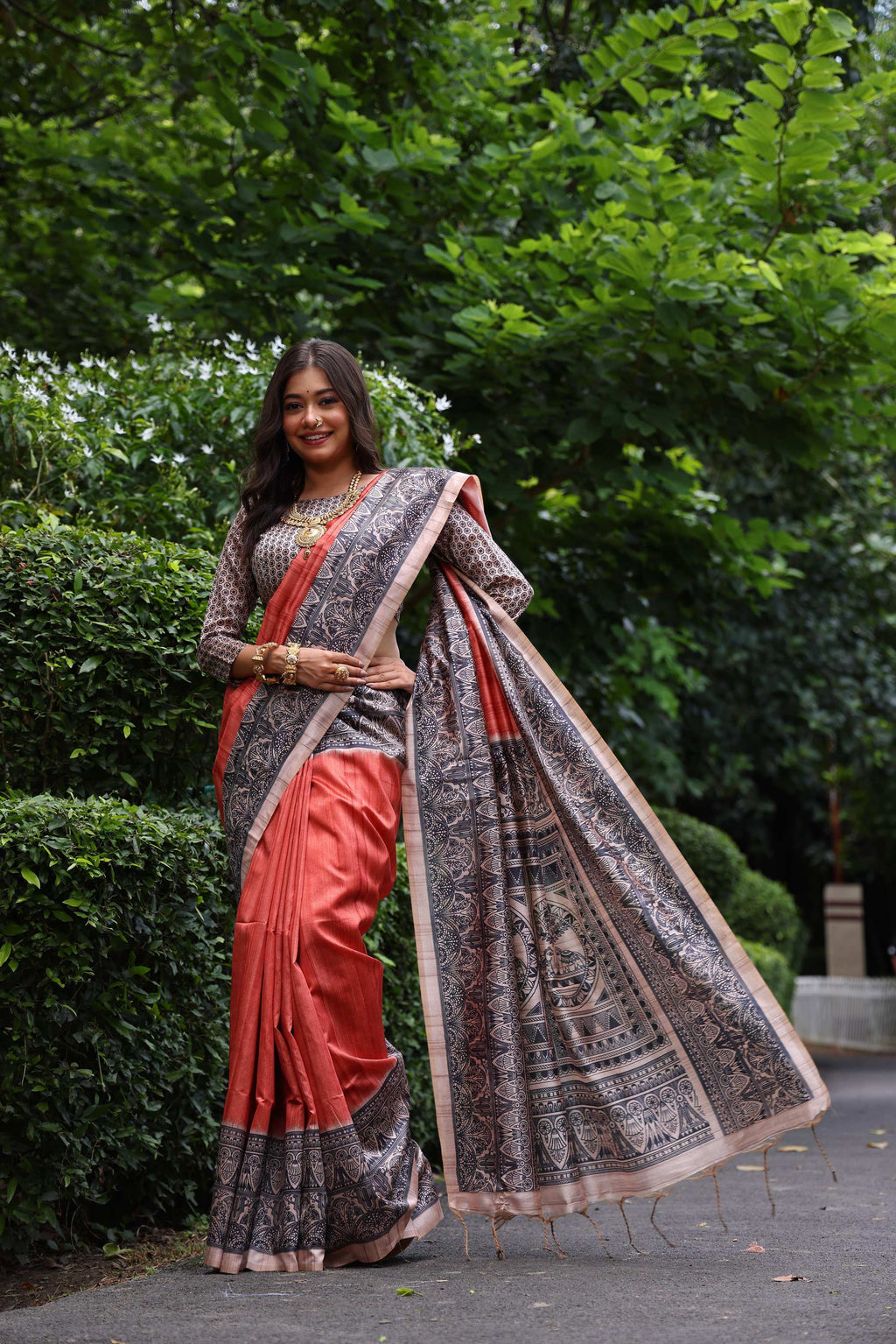 Jyoti Fashion Women's Red Soft Tussar Silk Madhubani Printed Saree with Blouse | Grocsy