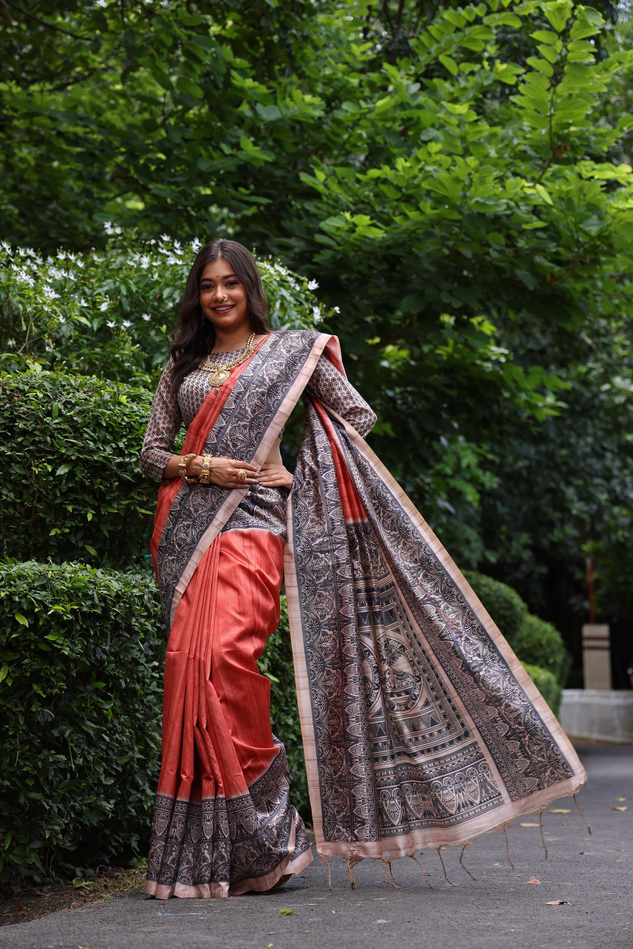 Jyoti Fashion Women's Red Soft Tussar Silk Madhubani Printed Saree with Blouse | Grocsy