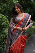 Jyoti Fashion Women's Red Soft Tussar Silk Madhubani Printed Saree with Blouse | Grocsy