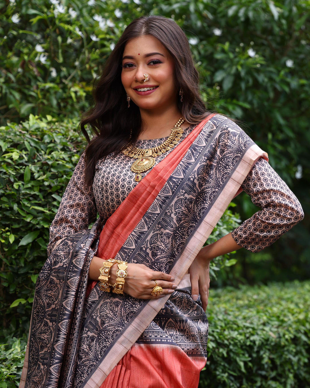Jyoti Fashion Women's Red Soft Tussar Silk Madhubani Printed Saree with Blouse | Grocsy