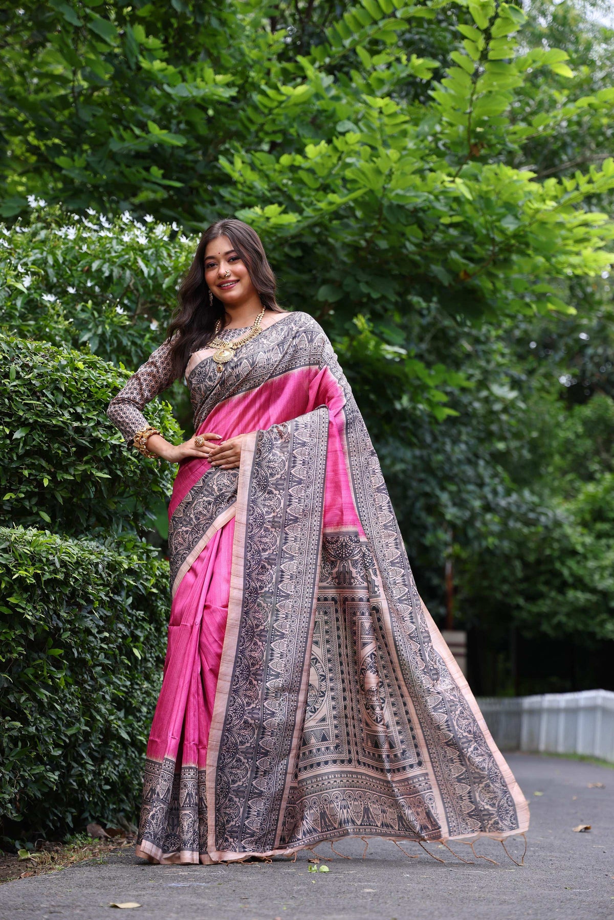 Jyoti Fashion Women's Pink Soft Tussar Silk Madhubani Printed Saree with Blouse | Grocsy