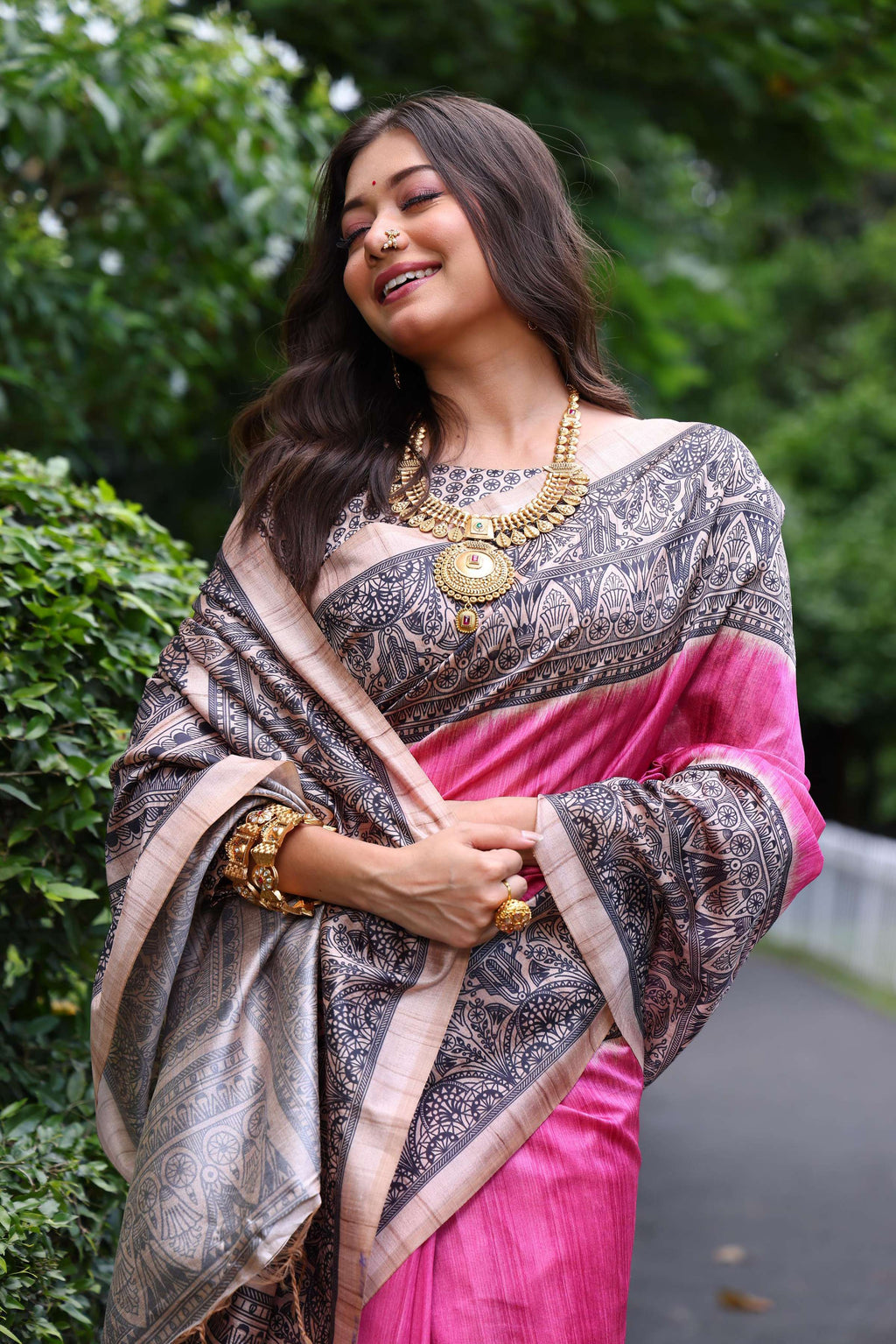 Jyoti Fashion Women's Pink Soft Tussar Silk Madhubani Printed Saree with Blouse | Grocsy