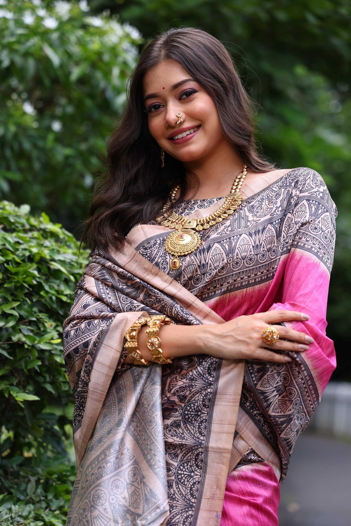 Jyoti Fashion Women's Pink Soft Tussar Silk Madhubani Printed Saree with Blouse | Grocsy