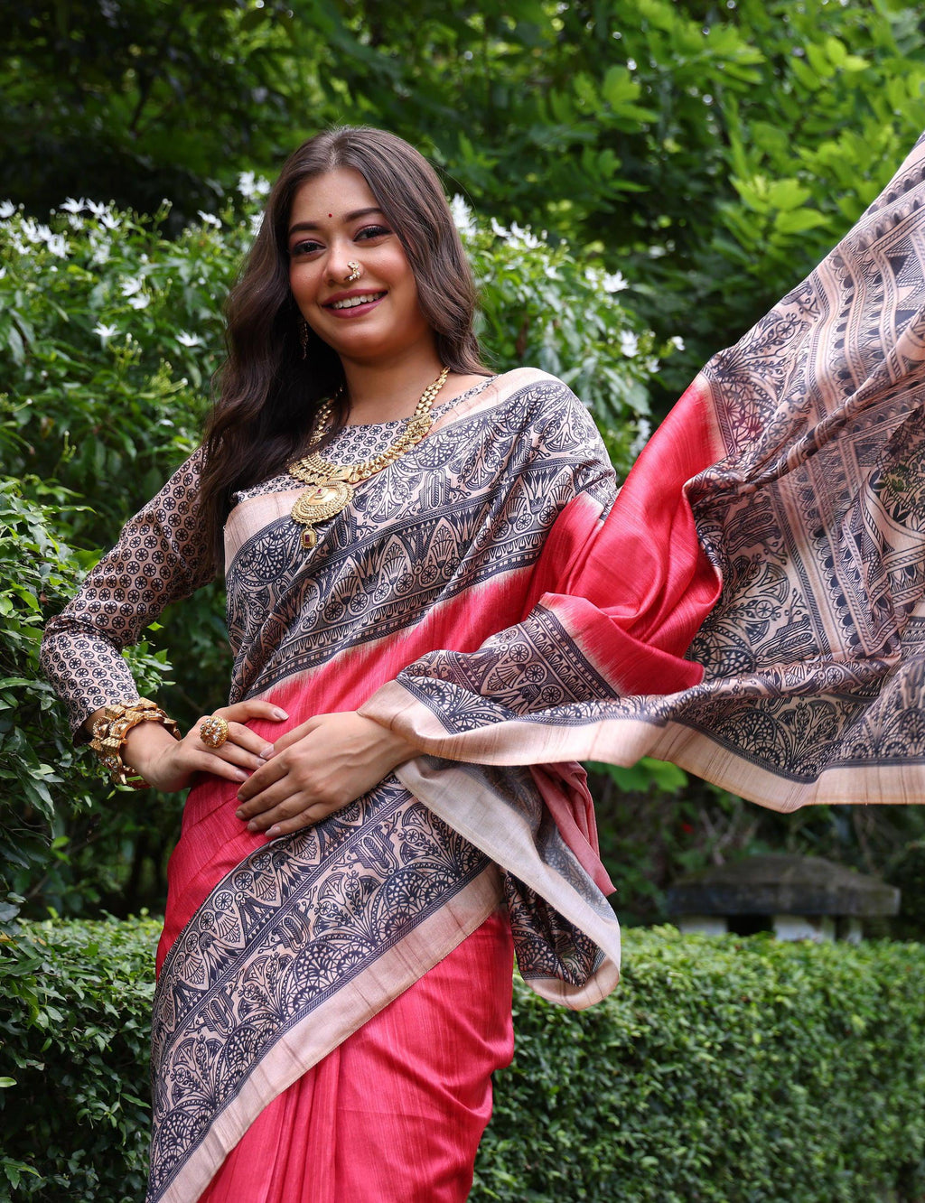 Jyoti Fashion Women's Gajri Soft Tussar Silk Madhubani Printed Saree with Blouse | Grocsy