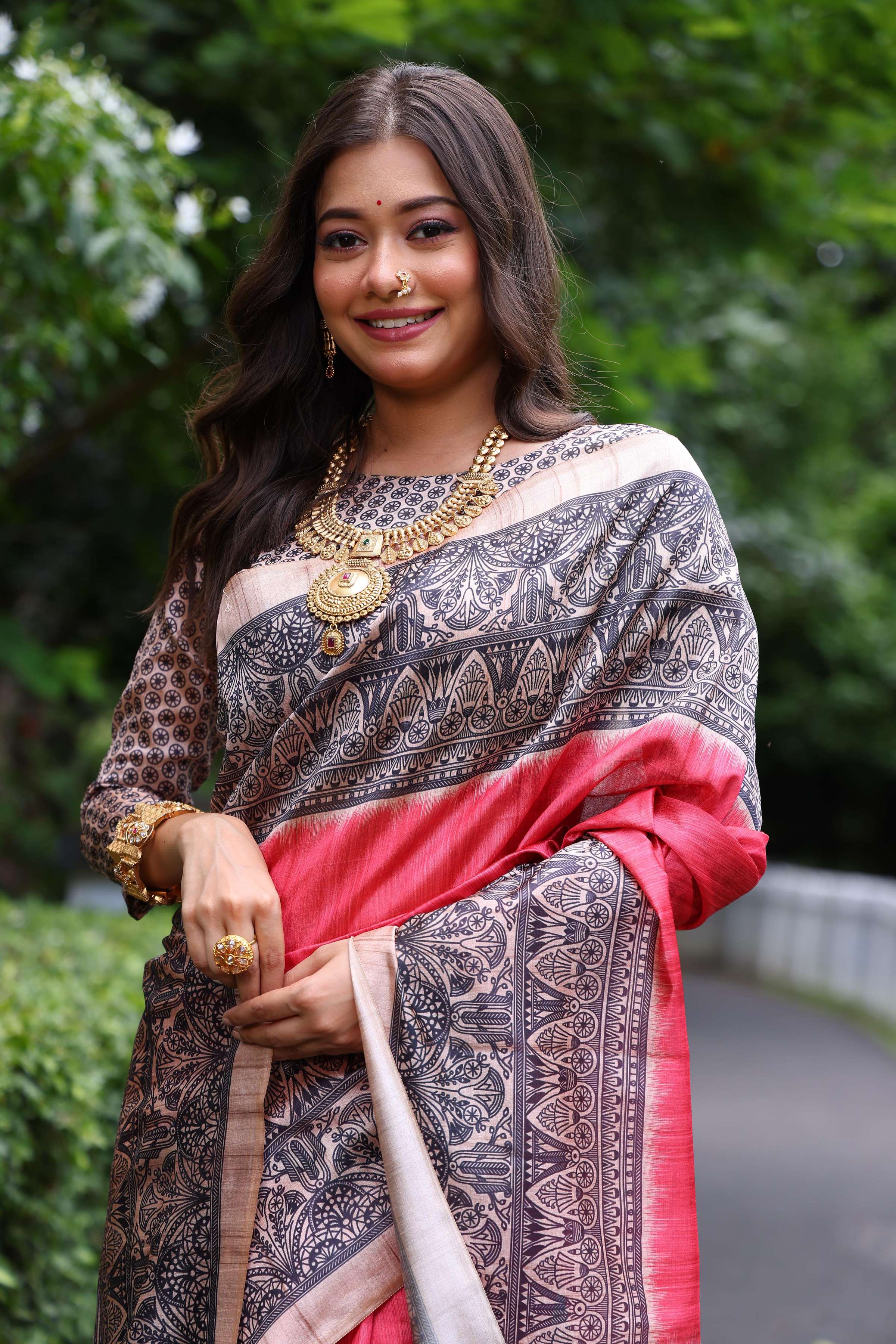 Jyoti Fashion Women's Gajri Soft Tussar Silk Madhubani Printed Saree with Blouse | Grocsy