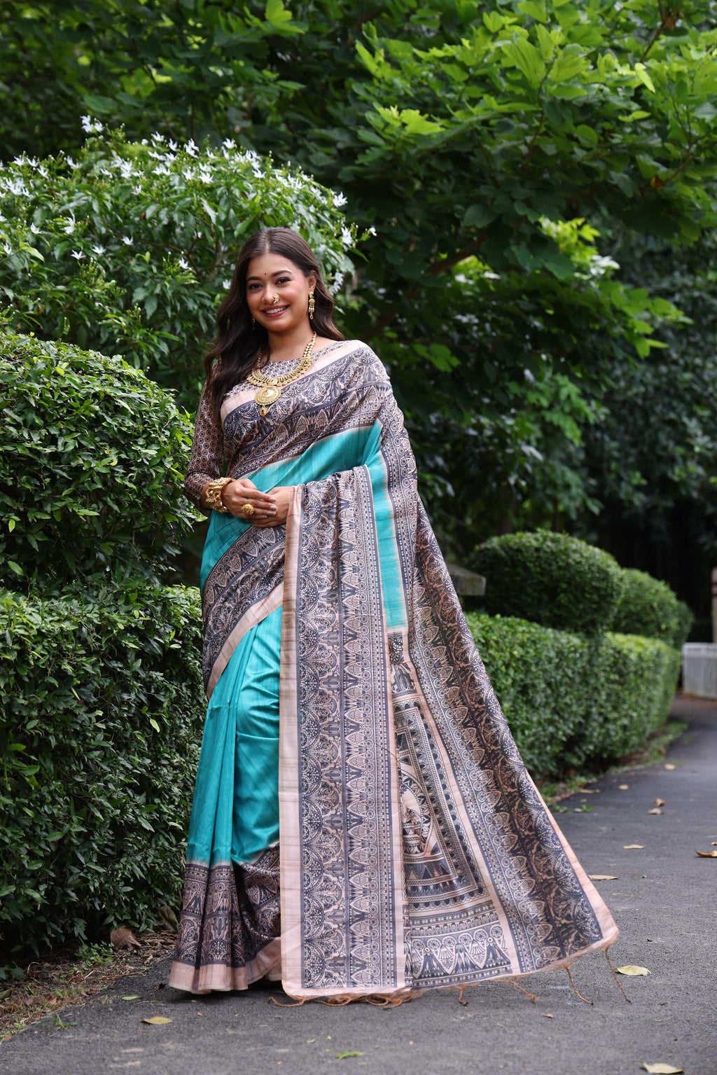 Jyoti Fashion Women's Sky Blue Soft Tussar Silk Madhubani Printed Saree with Blouse | Grocsy